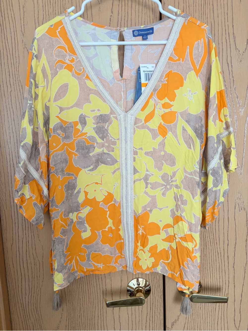 Democracy Floral V-Neck Tunic Top with Tassels, size S